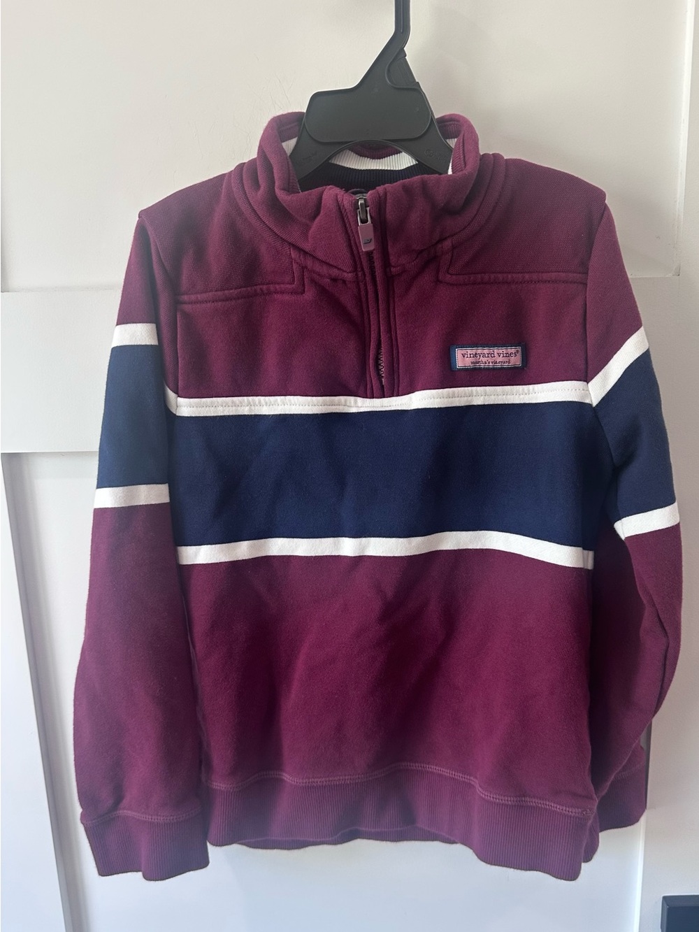 VINEYARD VINES Boys 7 Burgundy Blue Stripe Long Sleeve 1/4 Zip Shep Shirt